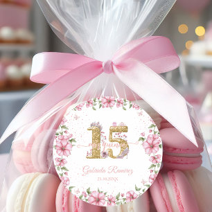 Blush Pink Golden Mis Quince Quinceañera  Classic Round Sticker