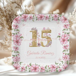 Blush Pink Golden Mis Quince Quinceañera Paper Plates