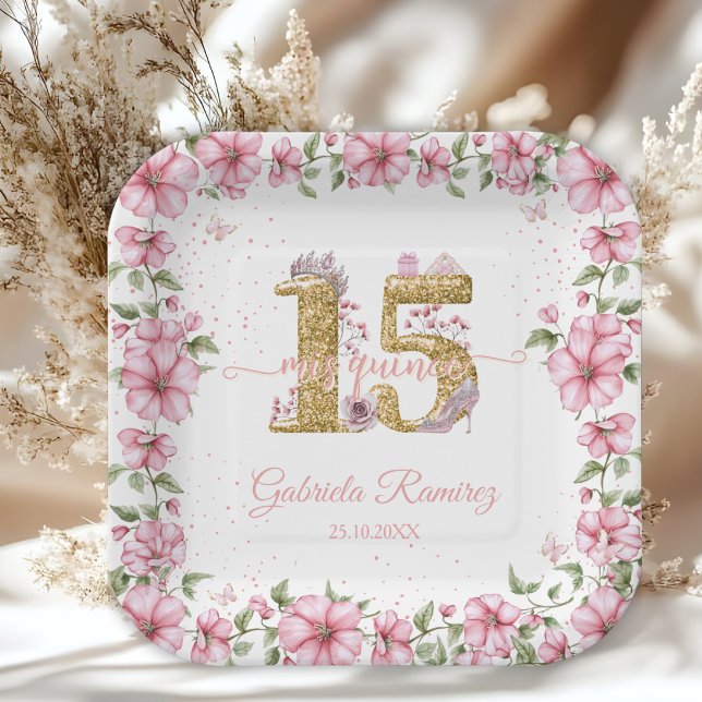 Blush Pink Golden Mis Quince Quinceañera  Paper Plates (Creator Uploaded)