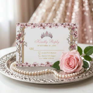 Blush Pink Golden Tiara Floral Quinceañera RSVP Card