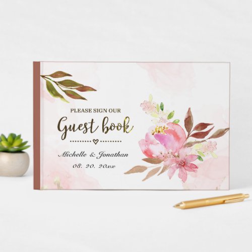 Blush Pink Golden Watercolor Flowers Wedding Guest Book