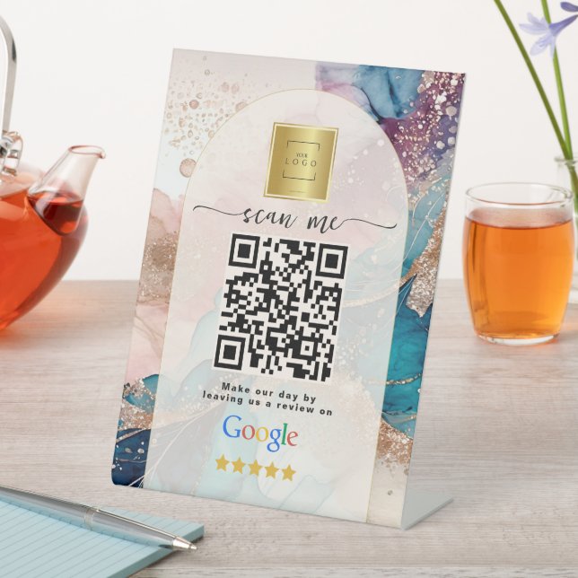 Blush pink Google Reviews Business Link QR Code   Pedestal Sign (In SItu)