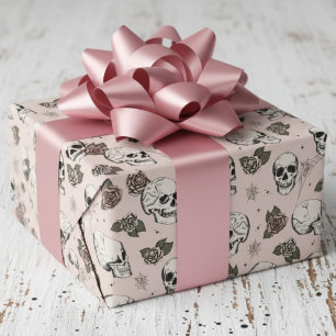 Blush Pink Gothic Skulls and Roses Floral Wrapping Paper