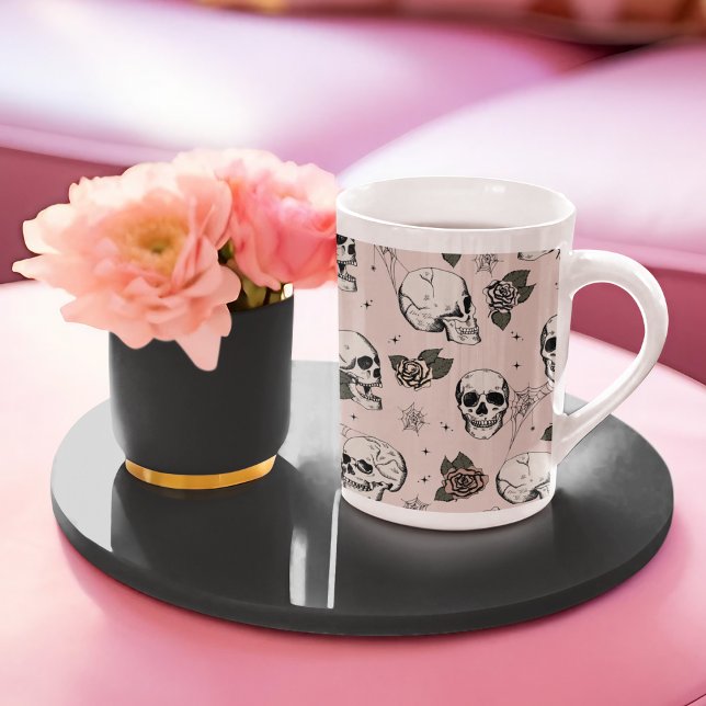 Blush Pink Gothic Skulls and Roses Halloween Bone China Mug (Elegant and Girly Blush Pink Gothic Skulls and Roses Pattern, Hand-Drawn in Black Ink.)