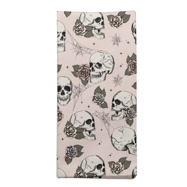 Blush Pink Gothic Skulls and Roses Halloween Cloth Napkin (Folded)