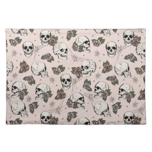 Blush Pink Gothic Skulls and Roses Halloween Cloth Placemat