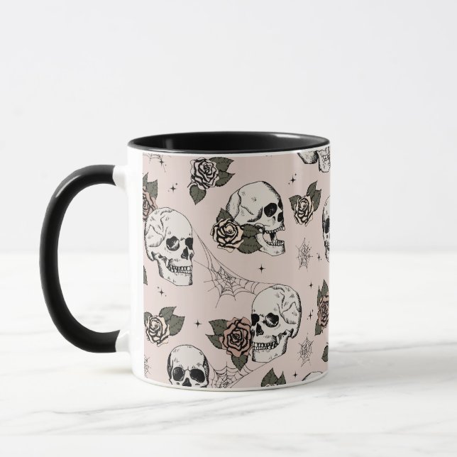 Blush Pink Gothic Skulls and Roses Halloween Mug (Left)