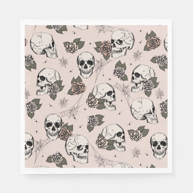 Blush Pink Gothic Skulls and Roses Halloween Napkins (Front)