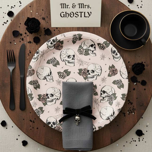 Blush Pink Gothic Skulls and Roses Halloween Paper Plates (Elegant Floral Skulls Halloween Bridal Shower Paper Plates in Blush Pink. Skull, Roses, Webs Pattern)