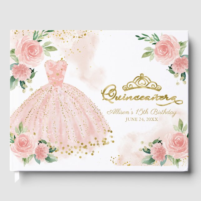  Blush Pink Gown Floral Quinceanera Guest Book (Front)
