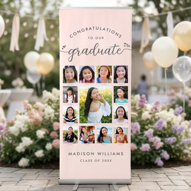 Blush Pink Grad K–12 Script Hearts Photo Collage Retractable Banner (Creator Uploaded)