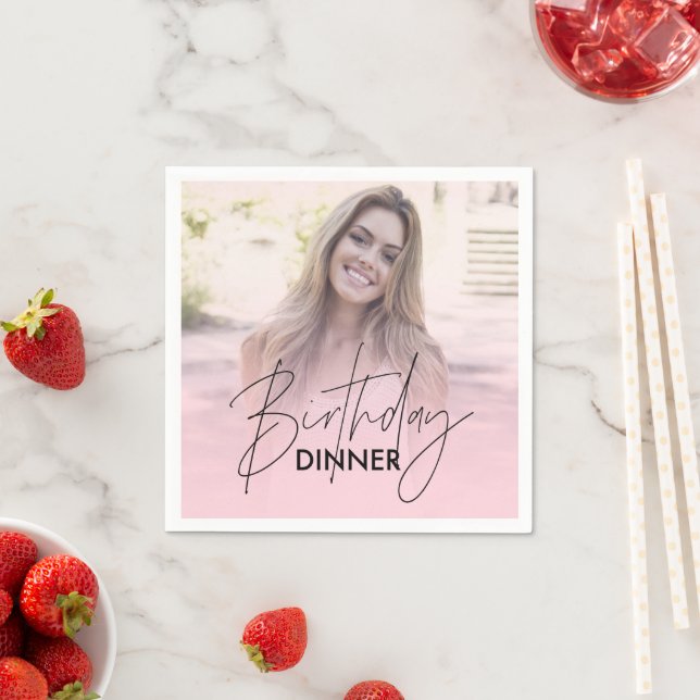 Blush Pink Gradient Photo Birthday Dinner Napkins (Insitu)