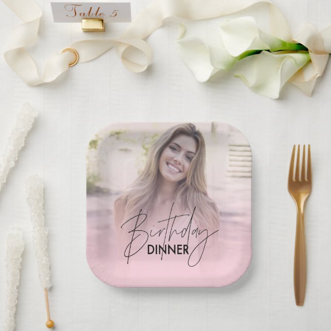 Blush Pink Gradient Photo Birthday Dinner Paper Plates (Wedding)