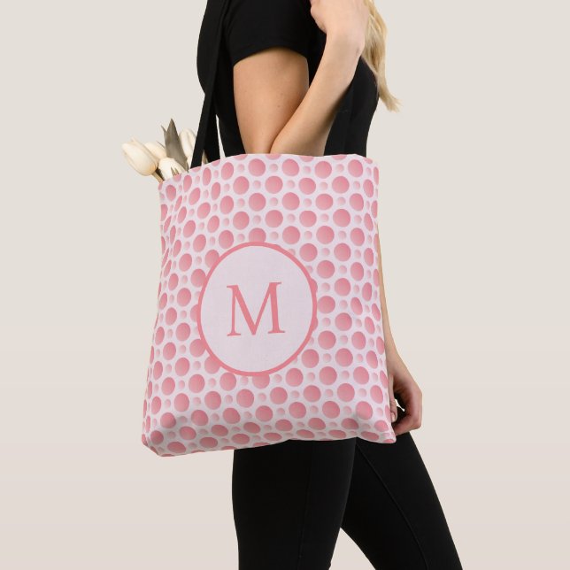 Blush Pink Gradient Polka Dots Monogram Tote Bag (Close Up)