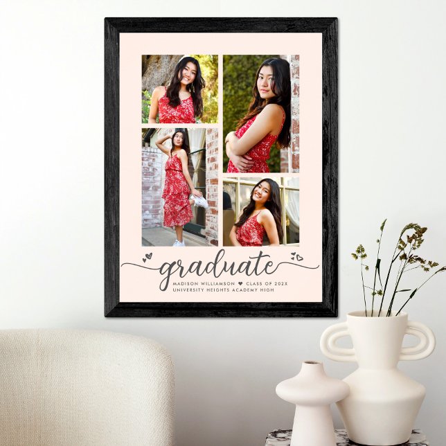 Blush Pink Graduation 4 Photo Gray Script Hearts Poster (Creator Uploaded)