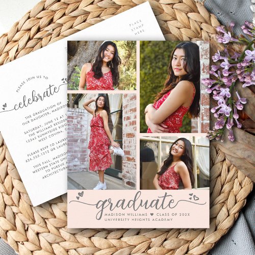 Blush Pink Graduation 4 Photo Modern Script Hearts Invitation Postcard