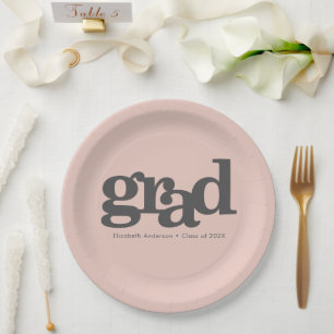 Blush pink graduation bold gray typography paper plates