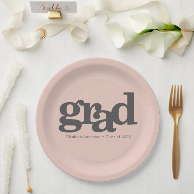 Blush pink graduation bold gray typography paper plates (Wedding)