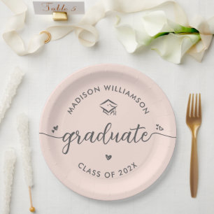 Blush Pink Graduation Gray Script Hearts Cap Bold Paper Plates