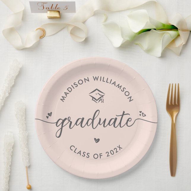 Blush Pink Graduation Gray Script Hearts Cap Bold Paper Plates (Wedding)