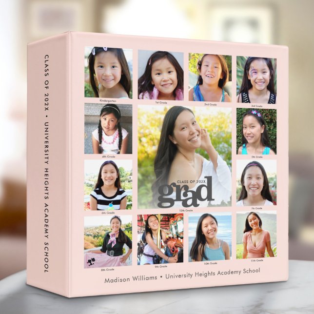 Blush Pink Graduation K–12 Bold 13 Photo Collage 3 Ring Binder (Creator Uploaded)