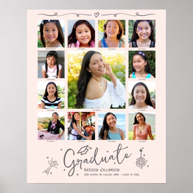 Blush Pink Graduation K–12 Photo Collage Doodles Poster (Front)