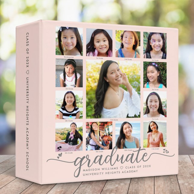 Blush Pink Graduation K–12 Script Photo Collage 3 Ring Binder (Creator Uploaded)