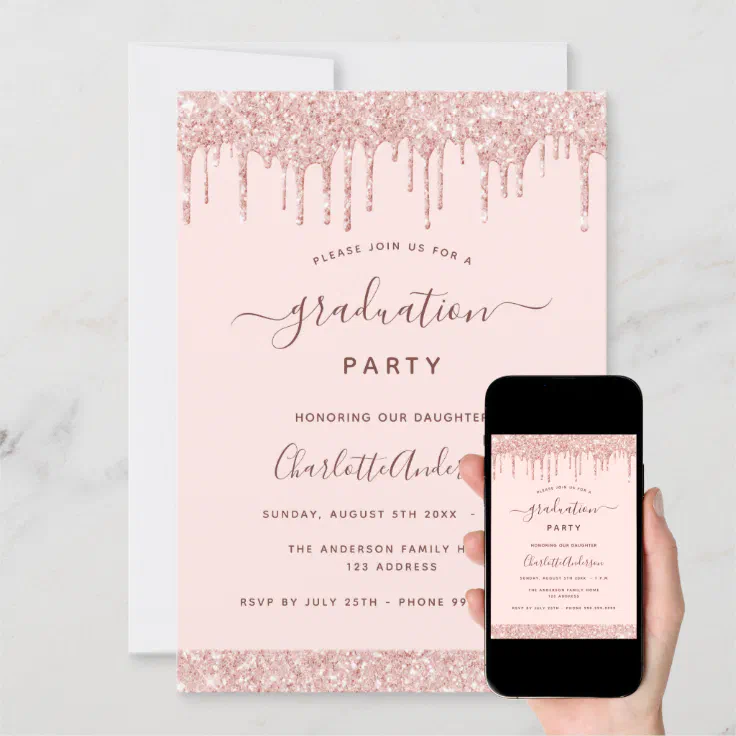 Blush Pink Graduation Party Rose Gold Girl Glitter Invitation Zazzle