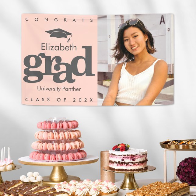 Blush pink graduation photo gray cap bold modern banner (Creator Uploaded)