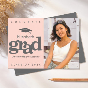Blush pink graduation photo gray cap modern bold announcement