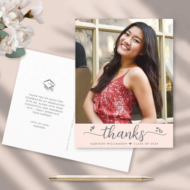 Blush Pink Graduation Photo Script Heart Thank You Postcard (Creator Uploaded)