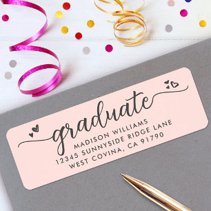 Blush Pink Graduation Script Hearts Modern Address Label