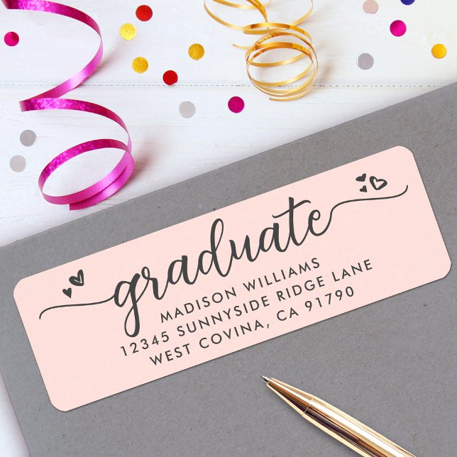 Blush Pink Graduation Script Hearts Modern Address Label (Creator Uploaded)