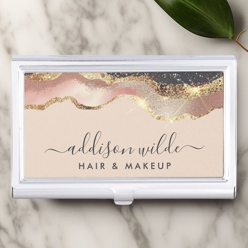 Blush Pink Gray And Gold Elegant Modern Script Business Card Case