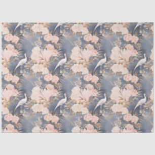 Blush Pink Gray Asian Floral Bird Tissue Paper