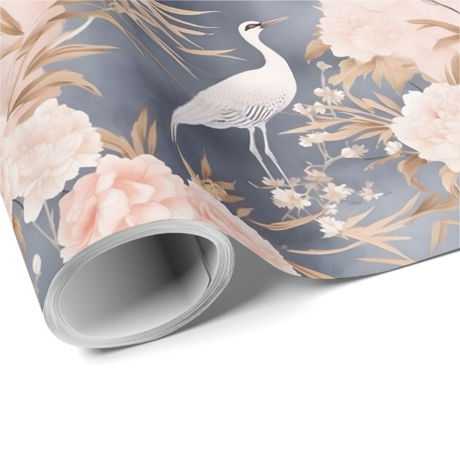 Blush Pink Gray Asian Floral Bird Wrapping Paper (Roll Corner)