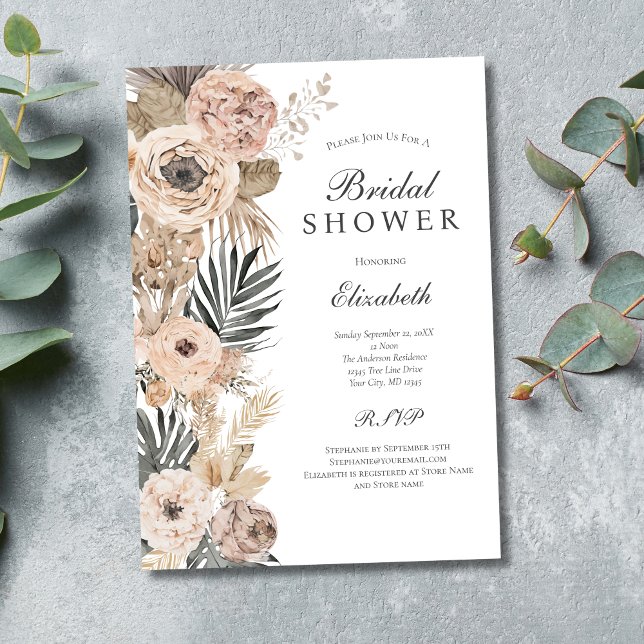 Blush Pink Gray Beige Boho Bridal Shower Invitation (Blush Pink Beige Gray Floral Botanical Boho Bridal Shower Invitation. Printed and  Digital download)