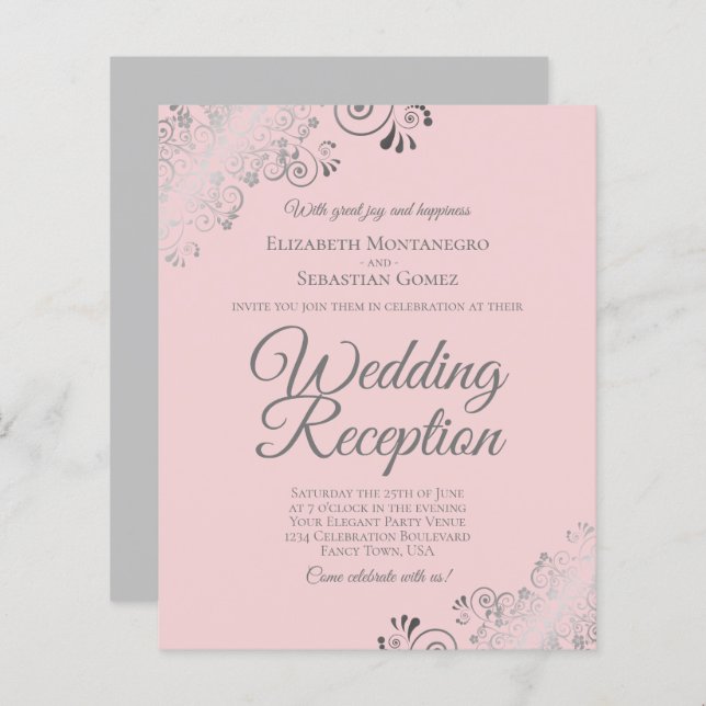 Blush Pink & Gray BUDGET Wedding Reception Invite (Front/Back)