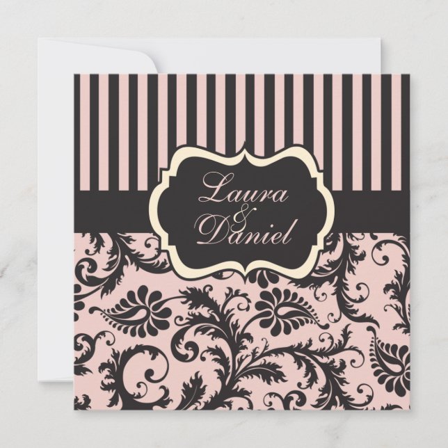 Blush Pink, Gray, Cream Striped Damask Invite (Front)