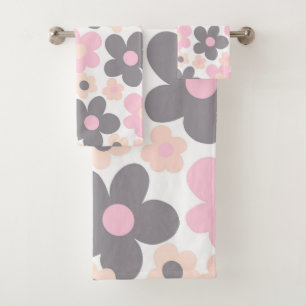 Blush Pink Gray Daisies Retro Dream #1 #retro #art Bath Towel Set