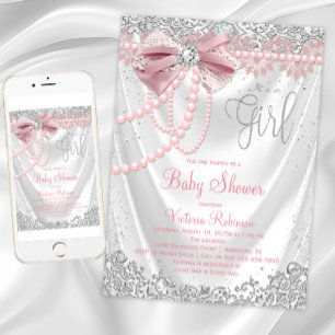 Blush Pink Gray Diamond Pearl Girly Baby Shower Invitation