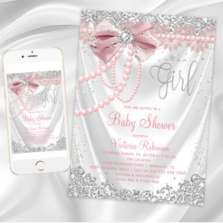 Blush Pink Gray Diamond Pearl Girly Baby Shower Invitation