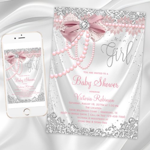 Blush Pink Gray Diamond Pearl Girly Baby Shower Invitation