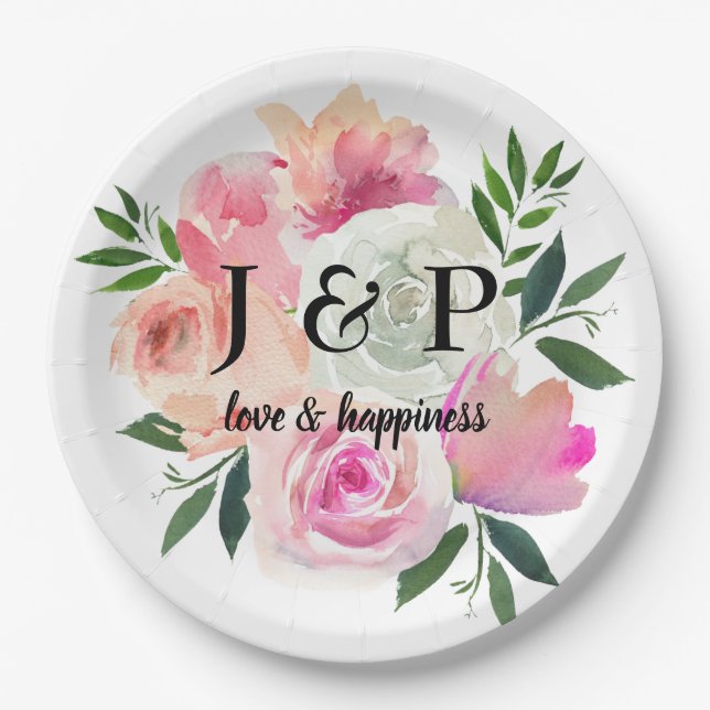 Blush Pink & Gray Floral Botanical Monogram Paper Plates (Front)