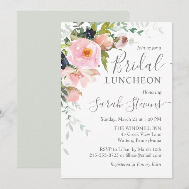 Blush Pink & Gray Floral Bridal Luncheon Invitation (Front/Back)