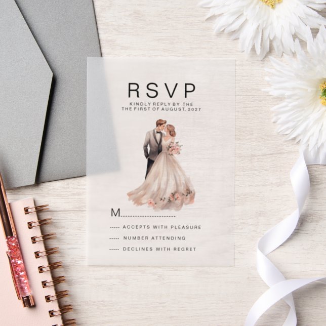 Blush pink gray floral couple photo RSVP Vellum Invitations (Wedding)