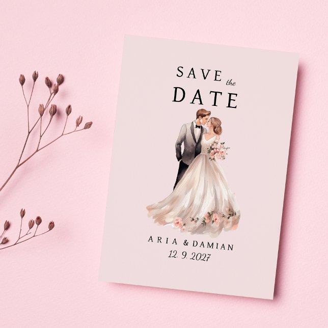 Blush pink gray floral couple photo Save the Date  Invitation (Blush pink gray floral couple photo Save the Date )