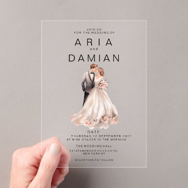 Blush pink gray floral couple photo Wedding Acrylic Invitations (Insitu (Handheld))