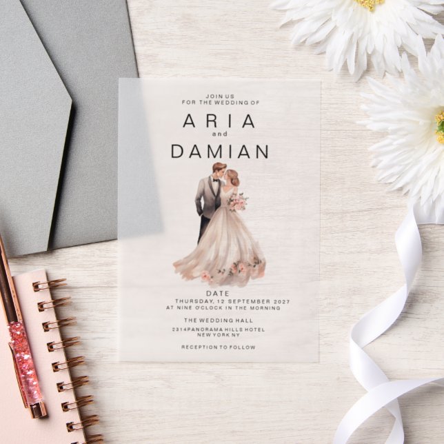 Blush pink gray floral couple photo Wedding Vellum Invitations (Wedding)