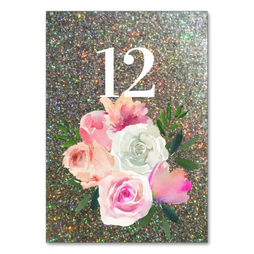 Blush Pink  Gray Floral Silver Glitter 2 Table Number